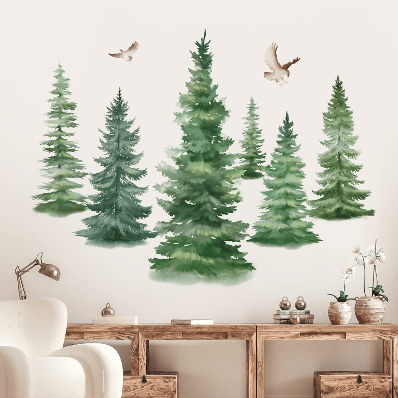 6 Watercolor Pine Tree Wall Decals – Christmas Woodland Decor