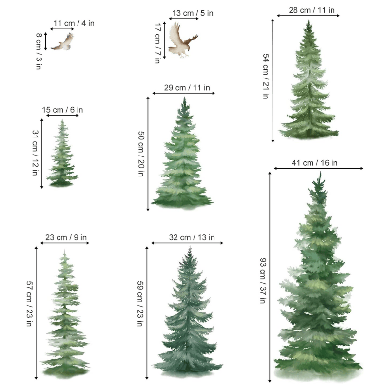 6 Watercolor Pine Tree Wall Decals – Christmas Woodland Decor