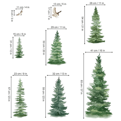 6 Watercolor Pine Tree Wall Decals – Christmas Woodland Decor