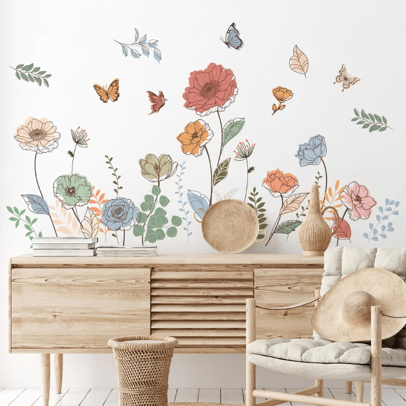 6 Pcs Flowers Wall Decals – Bohemian Dragonflies & Floral Stickers