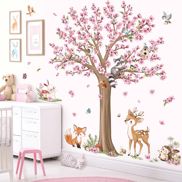 Woodland Animals Large Flower Tree Wall Decals