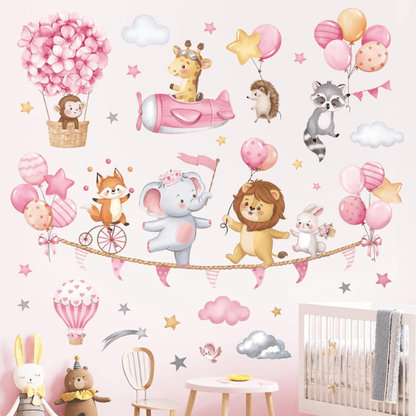 Pink Animal Hot Air Balloon Wall Decals