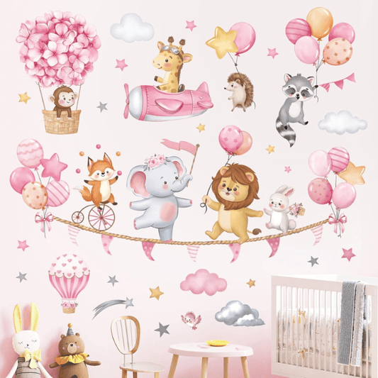Pink Animal Hot Air Balloon Wall Decals