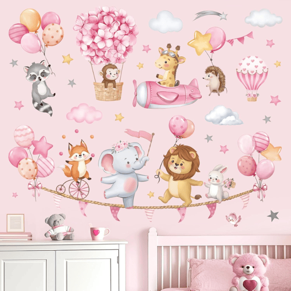 Pink Animal Hot Air Balloon Wall Decals