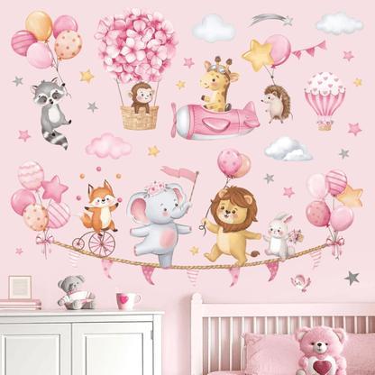Pink Animal Hot Air Balloon Wall Decals