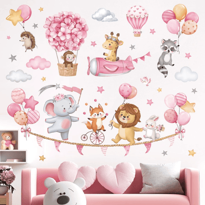 Pink Animal Hot Air Balloon Wall Decals