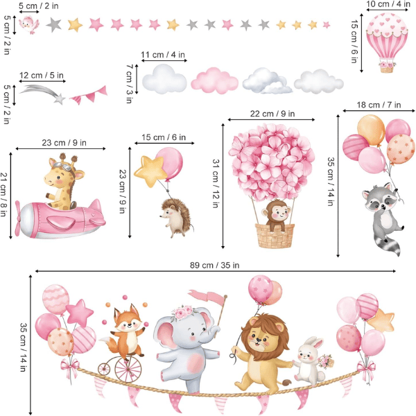 Pink Animal Hot Air Balloon Wall Decals