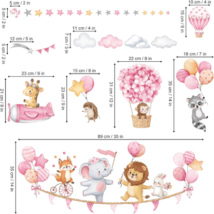 Pink Animal Hot Air Balloon Wall Decals